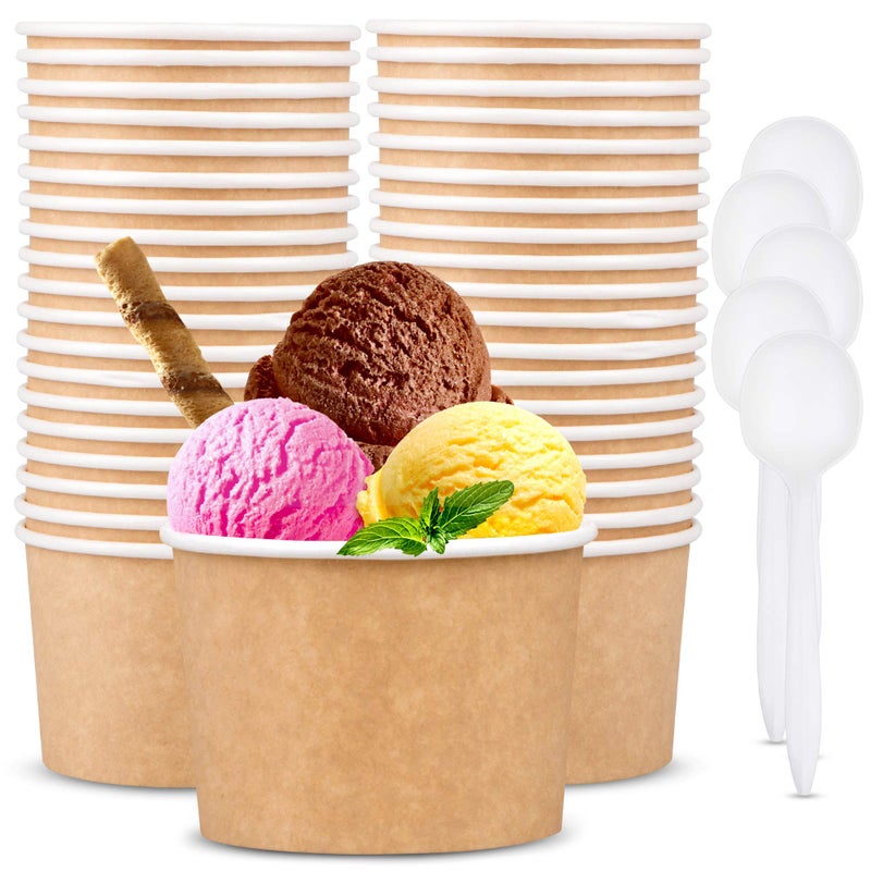 Promora 12oz Paper Ice Cream Cups Disposable 50 Count + Spoons, Bowls for Hot Soup/Dessert with Spoons, Perfect for Hot & Cold Food, Disposable Soup Bowls, Ice Cream Bowls, Frozen Yogurt (Brown 12oz) - Image 1